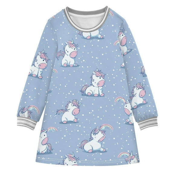 Girls' long-sleeved dress Cute Unicorn Girls' A-line dress with ribbed cuffs Soft and comfortable