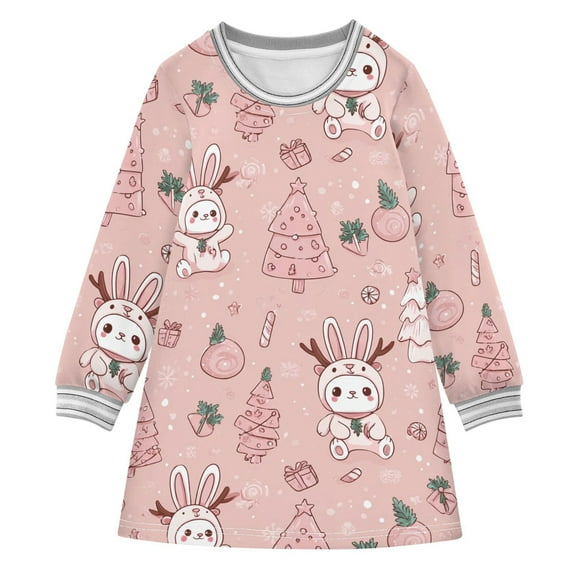Girls' long-sleeved dress Cute and Playful Rabbit Girls' A-line dress with ribbed cuffs Soft and comfortable
