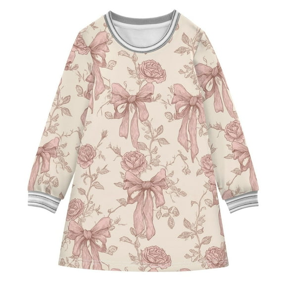 Girls' long-sleeved dress Delicate Bow and Roses Girls' A-line dress with ribbed cuffs Soft and comfortable