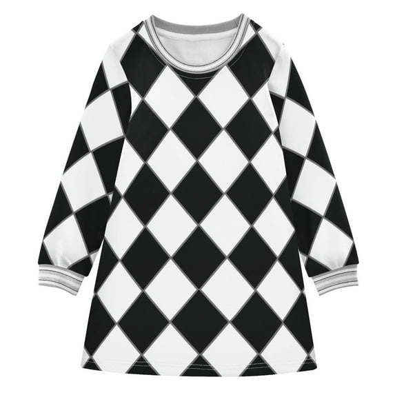 Girls' long-sleeved dress Diamond Black and White Grid Girls' A-line dress with ribbed cuffs Soft and comfortable