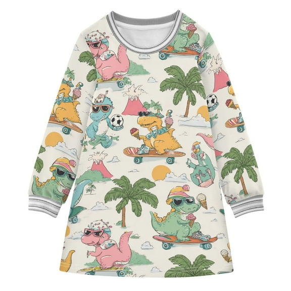 Girls' long-sleeved dress Dinosaur Skateboard Girls' A-line dress with ribbed cuffs Soft and comfortable