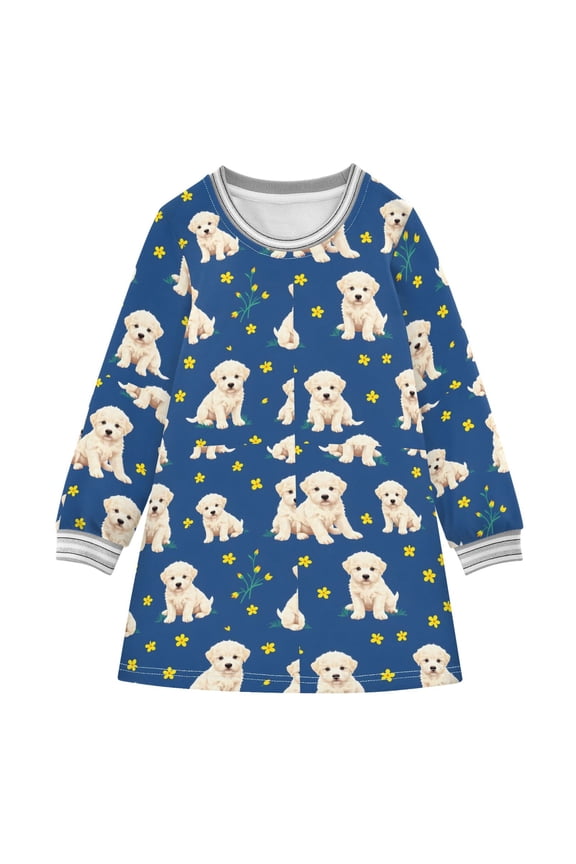Girls' long-sleeved dress Dog Flower Girls' A-line dress with ribbed cuffs Soft and comfortable