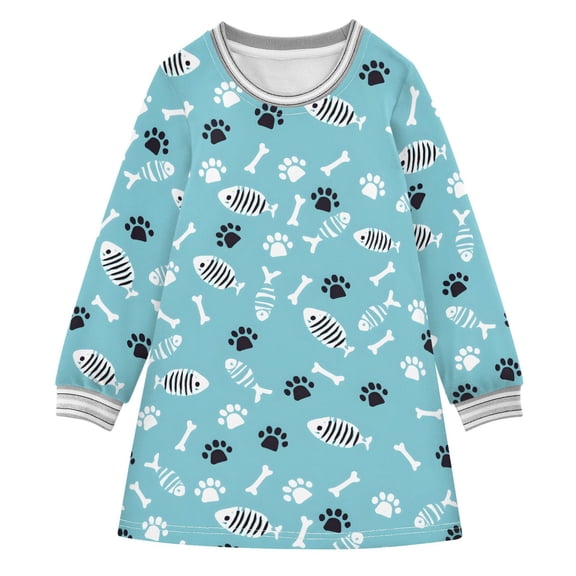 Girls' long-sleeved dress Fishbone Footprint Girls' A-line dress with ribbed cuffs Soft and comfortable