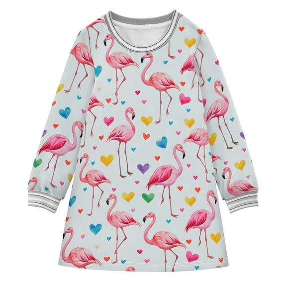 Girls' long-sleeved dress Flamingo Heart Girls' A-line dress with ribbed cuffs Soft and comfortable