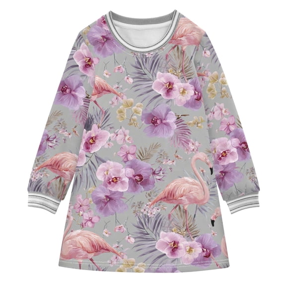 Girls' long-sleeved dress Flamingo Palm Leaves Girls' A-line dress with ribbed cuffs Soft and comfortable