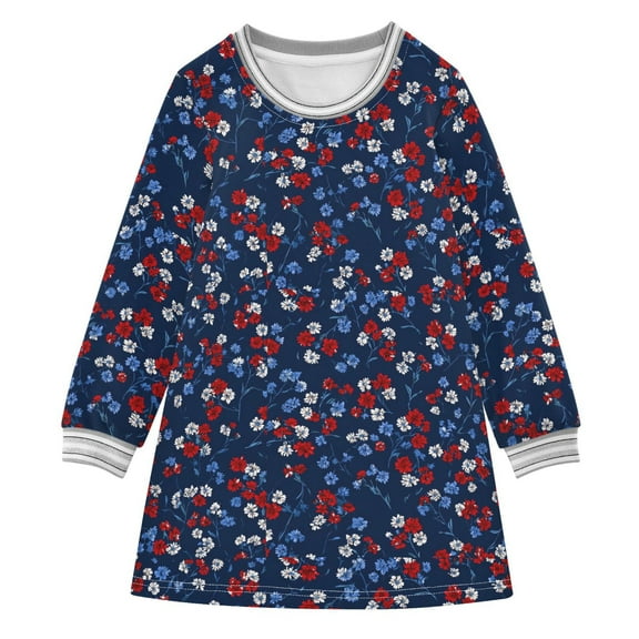 Girls' long-sleeved dress Flowers with Blue White and Red Girls' A-line dress with ribbed cuffs Soft and comfortable