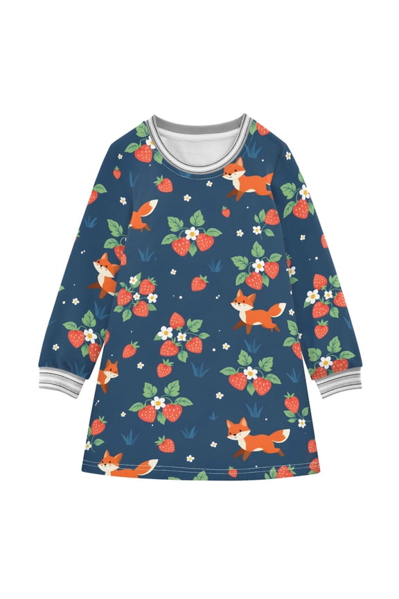 Girls' long-sleeved dress Fox Strawberry Girls' A-line dress with ribbed cuffs Soft and comfortable