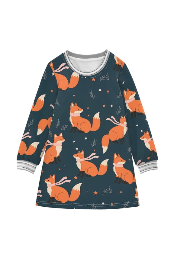 Girls' long-sleeved dress Fox with Scarf Girls' A-line dress with ribbed cuffs Soft and comfortable