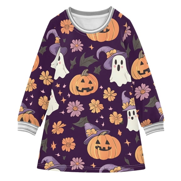 Girls' long-sleeved dress Ghost Purple Hats Flower Pumpkin Girls' A-line dress with ribbed cuffs Soft and comfortable