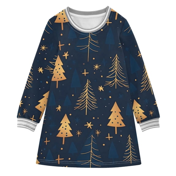 Girls' long-sleeved dress Golden Christmas Tree Girls' A-line dress with ribbed cuffs Soft and comfortable