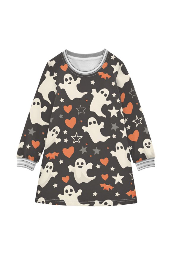 Girls' long-sleeved dress Halloween Ghost Stars Girls' A-line dress with ribbed cuffs Soft and comfortable