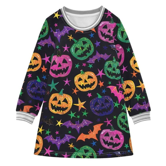 Girls' long-sleeved dress Halloween Pumpkins Glittery Stars Bats Neon Girls' A-line dress with ribbed cuffs Soft and comfortable