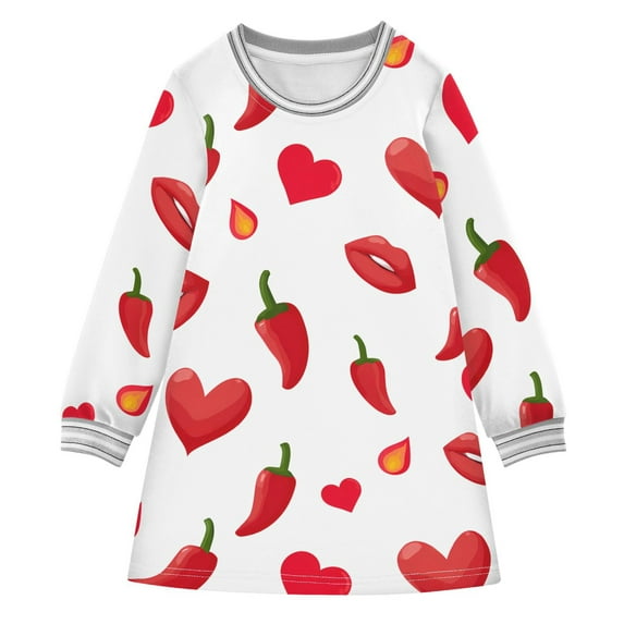 Girls' long-sleeved dress Heart-shaped Flame Chili Pepper Lips Girls' A-line dress with ribbed cuffs Soft and comfortable