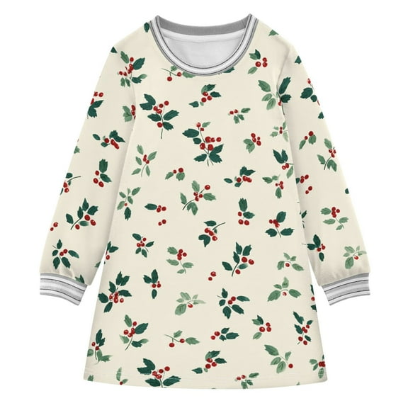 Girls' long-sleeved dress Holly Leaves and Berries Girls' A-line dress with ribbed cuffs Soft and comfortable