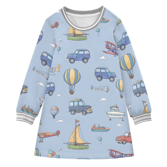 Girls' long-sleeved dress Hot Air Balloons Planes Cars Boats Girls' A-line dress with ribbed cuffs Soft and comfortable