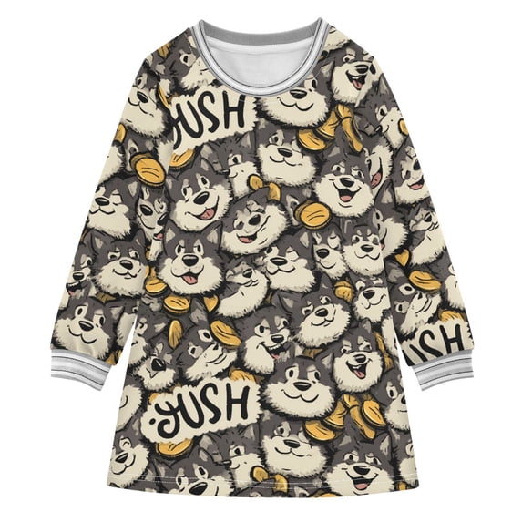 Girls' long-sleeved dress Husky Coin Girls' A-line dress with ribbed cuffs Soft and comfortable