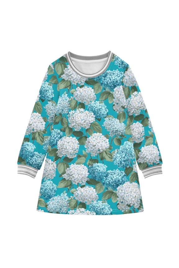 Girls' long-sleeved dress Hydrangea Blue and White Girls' A-line dress with ribbed cuffs Soft and comfortable