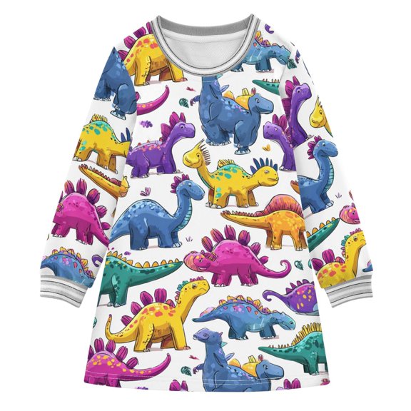 Girls' long-sleeved dress Large Dinosaurs Girls' A-line dress with ribbed cuffs Soft and comfortable