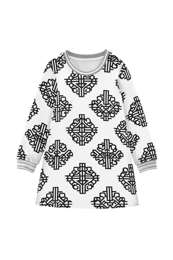 Girls' long-sleeved dress Line Drawing Girls' A-line dress with ribbed cuffs Soft and comfortable