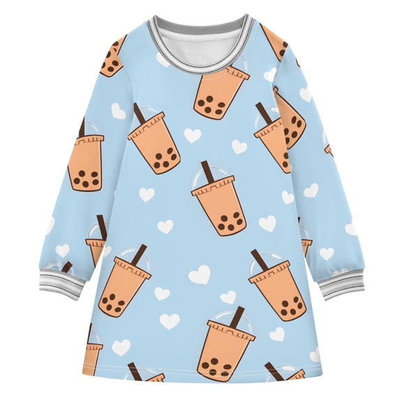 Girls' long-sleeved dress Love Pearl Milk Tea Girls' A-line dress with ribbed cuffs Soft and comfortable