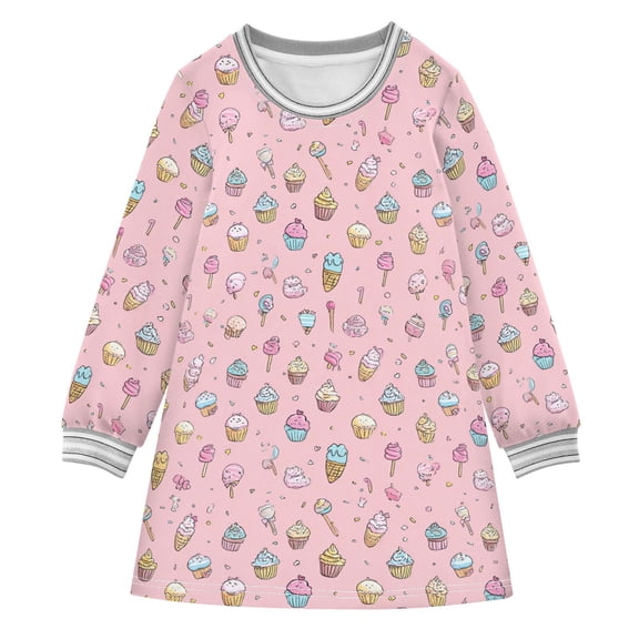 Girls' long-sleeved dress Mini Ice Cream Cake Girls' A-line dress with ribbed cuffs Soft and comfortable