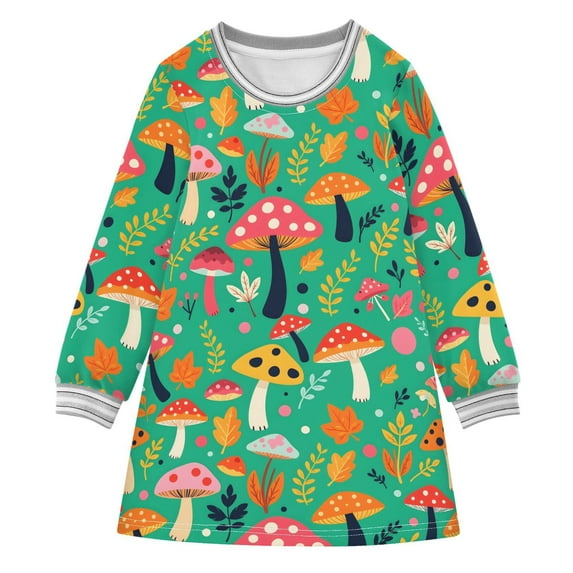 Girls' long-sleeved dress Mushroom Grass Leaves Girls' A-line dress with ribbed cuffs Soft and comfortable
