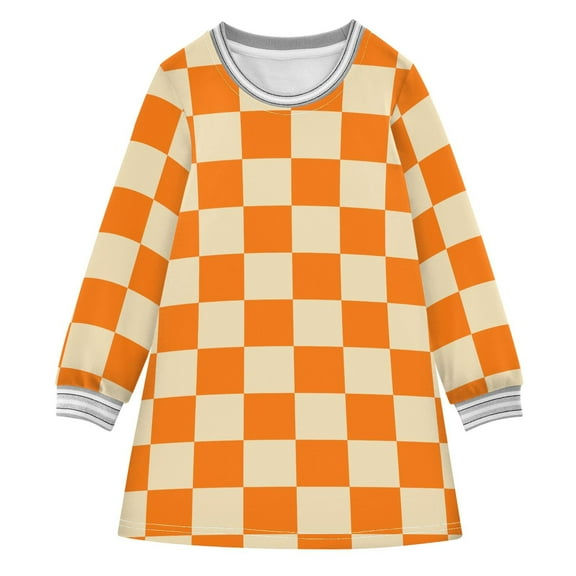 Girls' long-sleeved dress Orange Yellow Checked Girls' A-line dress with ribbed cuffs Soft and comfortable
