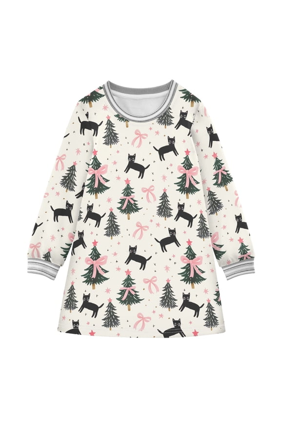 Girls' long-sleeved dress Pink Bows Cats Christmas Tree Girls' A-line dress with ribbed cuffs Soft and comfortable