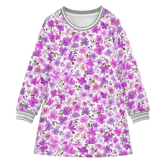 Girls' long-sleeved dress Pink Flowers Girls' A-line dress with ribbed cuffs Soft and comfortable