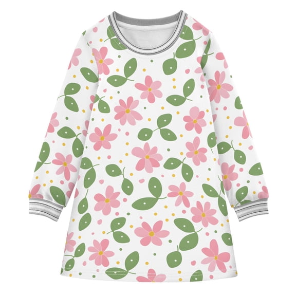 Girls' long-sleeved dress Pink Green Leaf Flowers Girls' A-line dress with ribbed cuffs Soft and comfortable