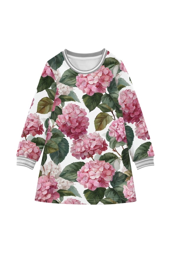 Girls' long-sleeved dress Pink Hydrangea Ball Girls' A-line dress with ribbed cuffs Soft and comfortable