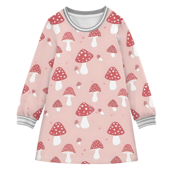 Girls' long-sleeved dress Pink Mushroom Girls' A-line dress with ribbed cuffs Soft and comfortable