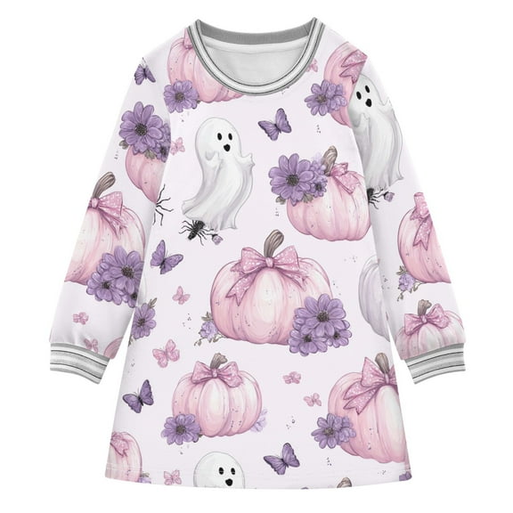 Girls' long-sleeved dress Pink Pumpkin Bow Girls' A-line dress with ribbed cuffs Soft and comfortable