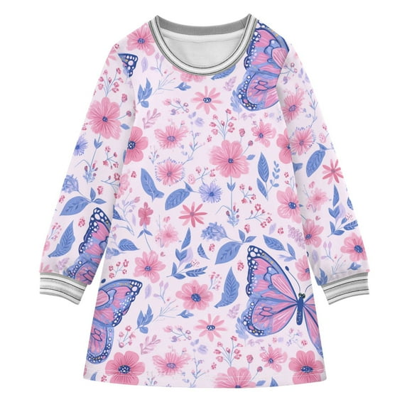 Girls' long-sleeved dress Pink and Blue Butterfly Girls' A-line dress with ribbed cuffs Soft and comfortable