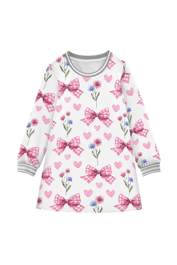Girls' long-sleeved dress Plaid Bow Heart Flower Girls' A-line dress with ribbed cuffs Soft and comfortable