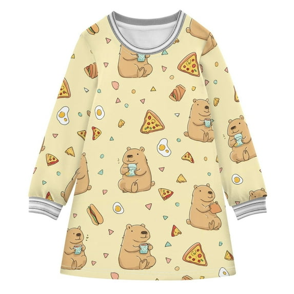 Girls' long-sleeved dress Poached Egg Pizza Caprese Girls' A-line dress with ribbed cuffs Soft and comfortable