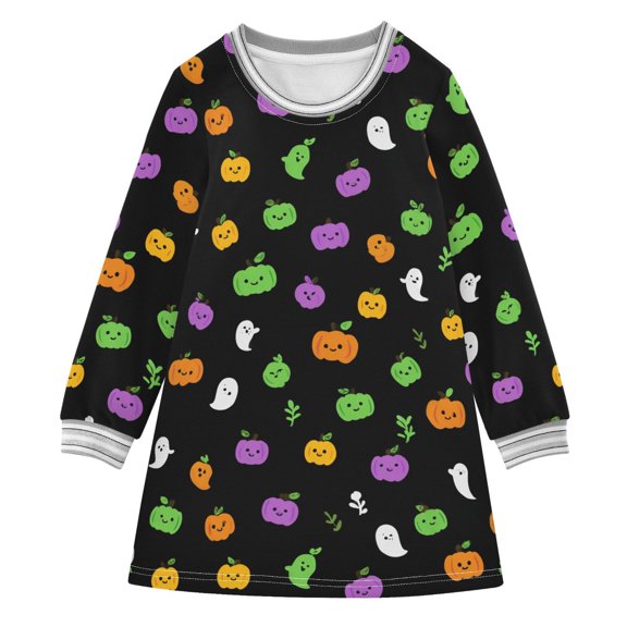 Girls' long-sleeved dress Pumpkin Ghost Green Girls' A-line dress with ribbed cuffs Soft and comfortable