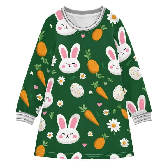 Girls' long-sleeved dress Rabbit Carrot Easter Egg Girls' A-line dress with ribbed cuffs Soft and comfortable
