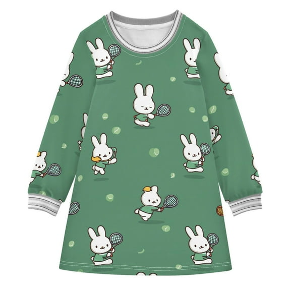 Girls' long-sleeved dress Rabbit Playing Tennis Girls' A-line dress with ribbed cuffs Soft and comfortable