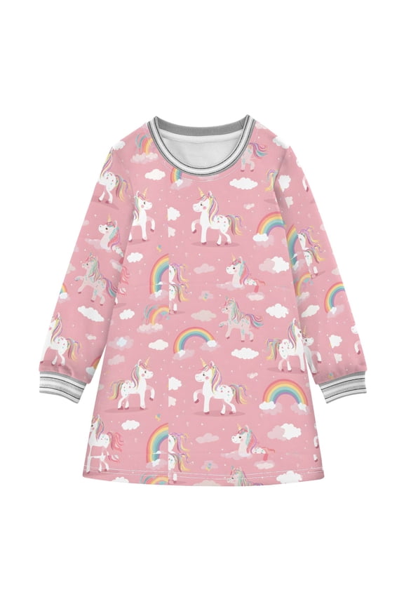 Girls' long-sleeved dress Rainbow Unicorn Girls' A-line dress with ribbed cuffs Soft and comfortable