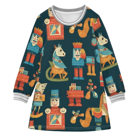 Girls' long-sleeved dress Retro Toys Girls' A-line dress with ribbed cuffs Soft and comfortable