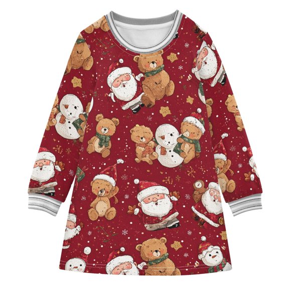Girls' long-sleeved dress Santa Claus and Snowman Girls' A-line dress with ribbed cuffs Soft and comfortable