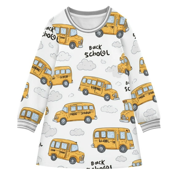 Girls' long-sleeved dress School Bus Girls' A-line dress with ribbed cuffs Soft and comfortable