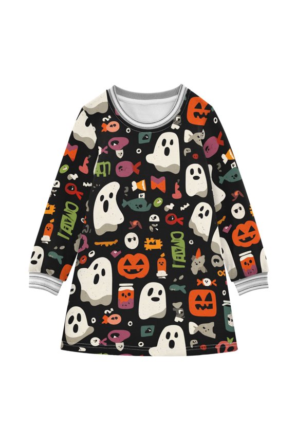 Girls' long-sleeved dress Simple Ghost Girls' A-line dress with ribbed cuffs Soft and comfortable