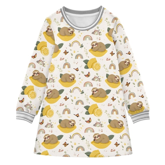 Girls' long-sleeved dress Sloth Lemon Rainbow Girls' A-line dress with ribbed cuffs Soft and comfortable