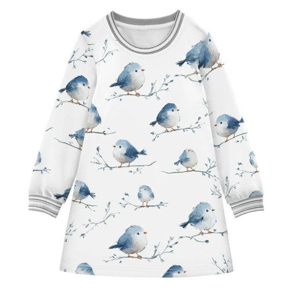 Girls' long-sleeved dress Small Birds Girls' A-line dress with ribbed cuffs Soft and comfortable