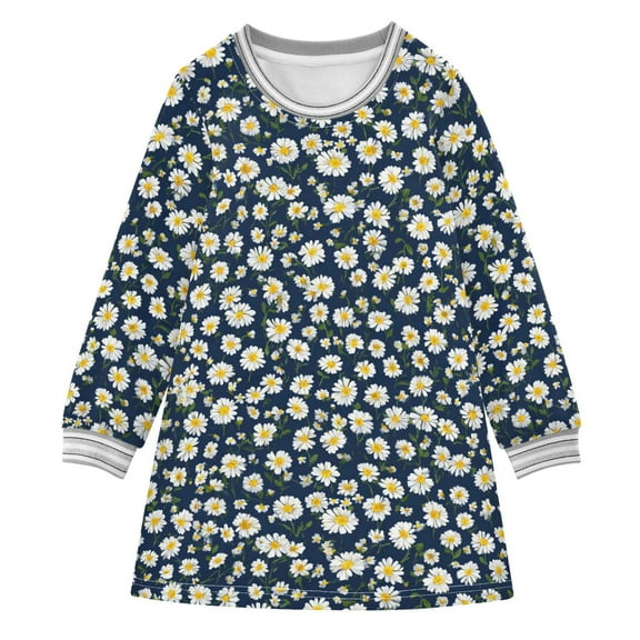 Girls' long-sleeved dress Small Cute Daisy Girls' A-line dress with ribbed cuffs Soft and comfortable