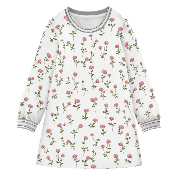 Girls' long-sleeved dress Small Delicate Rose Girls' A-line dress with ribbed cuffs Soft and comfortable