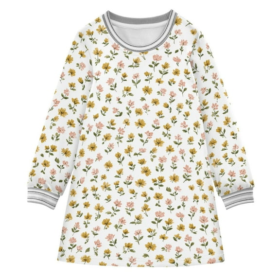 Girls' long-sleeved dress Small Flowers Girls' A-line dress with ribbed cuffs Soft and comfortable