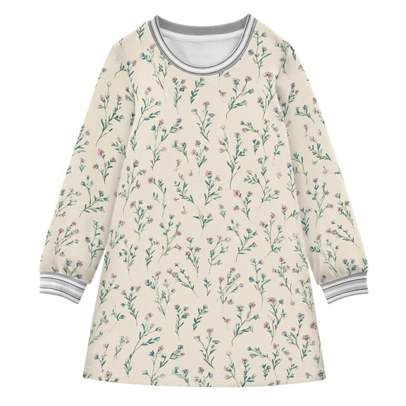 Girls' long-sleeved dress Small Summer Flowers Girls' A-line dress with ribbed cuffs Soft and comfortable
